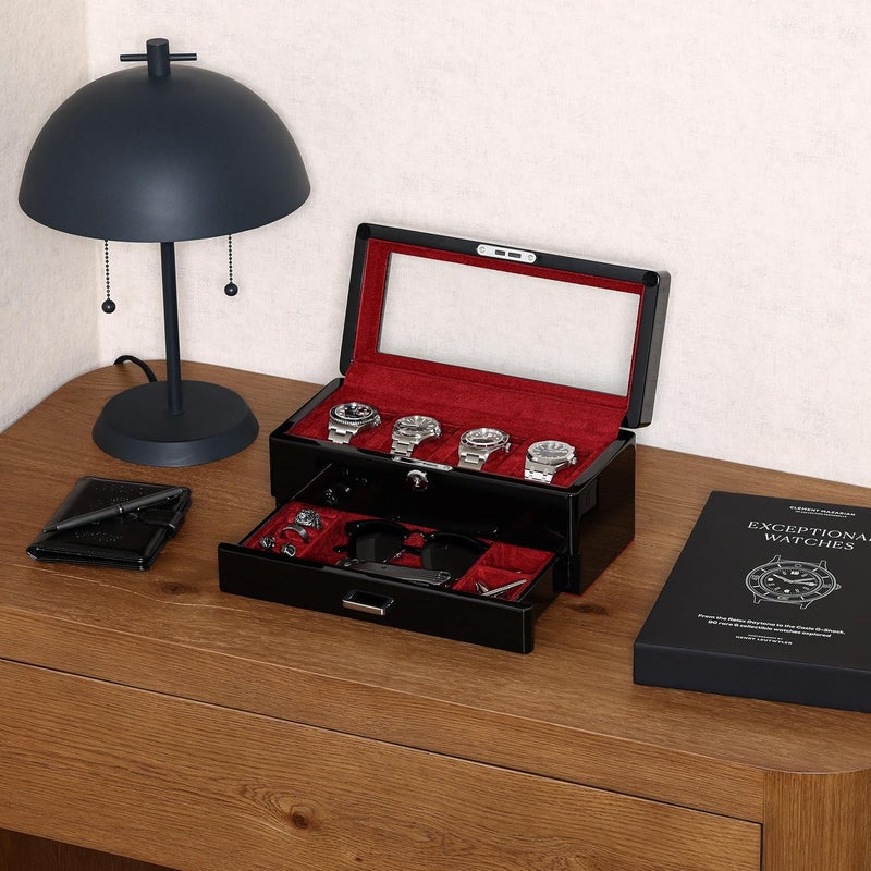 ROTHWELL 4-Slot Piano Black Watch Box with Valet Drawer - Premium Jewelry Display Case Organizer with Locking Glass Top and Microsuede Liner for Men & Women (Red Interior) - Image 2